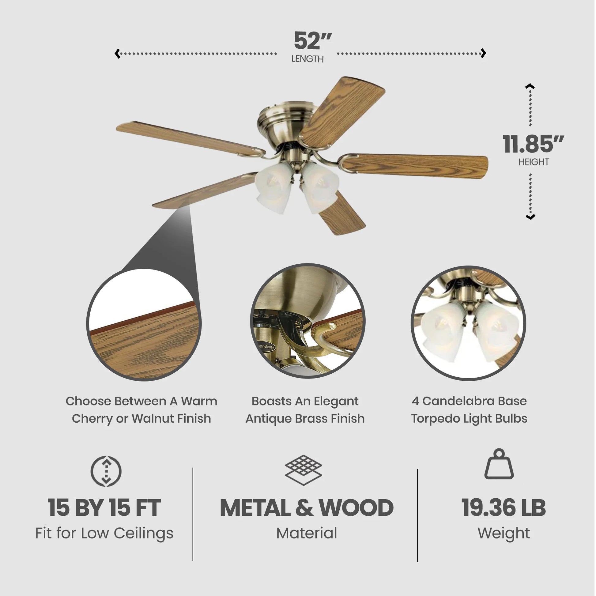 Westinghouse Contempra 4 52 in. Polished Brass Finish Reversible Blades (Walnut/Oak) Clear Ribbed Glass