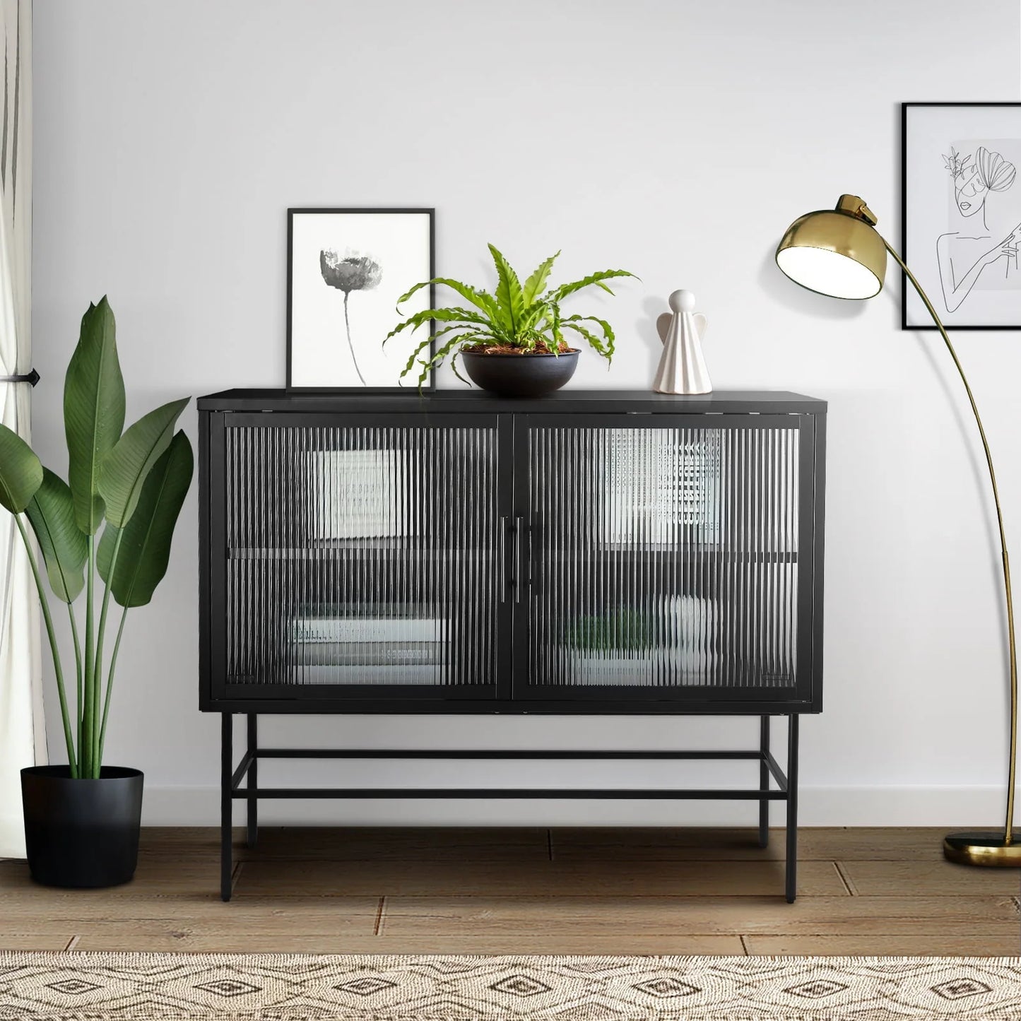 CoSoTower Double Tampered Glass Door Storage Cabinet with Adjustable Shelf and Feet Cold-Rolled Steel Tempered Glass Sideboard Furniture for Living Room Kitchen Black Color