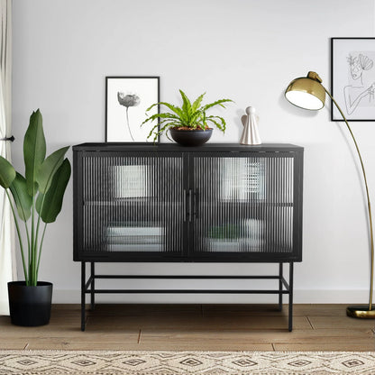 CoSoTower Double Tampered Glass Door Storage Cabinet with Adjustable Shelf and Feet Cold-Rolled Steel Tempered Glass Sideboard Furniture for Living Room Kitchen Black Color