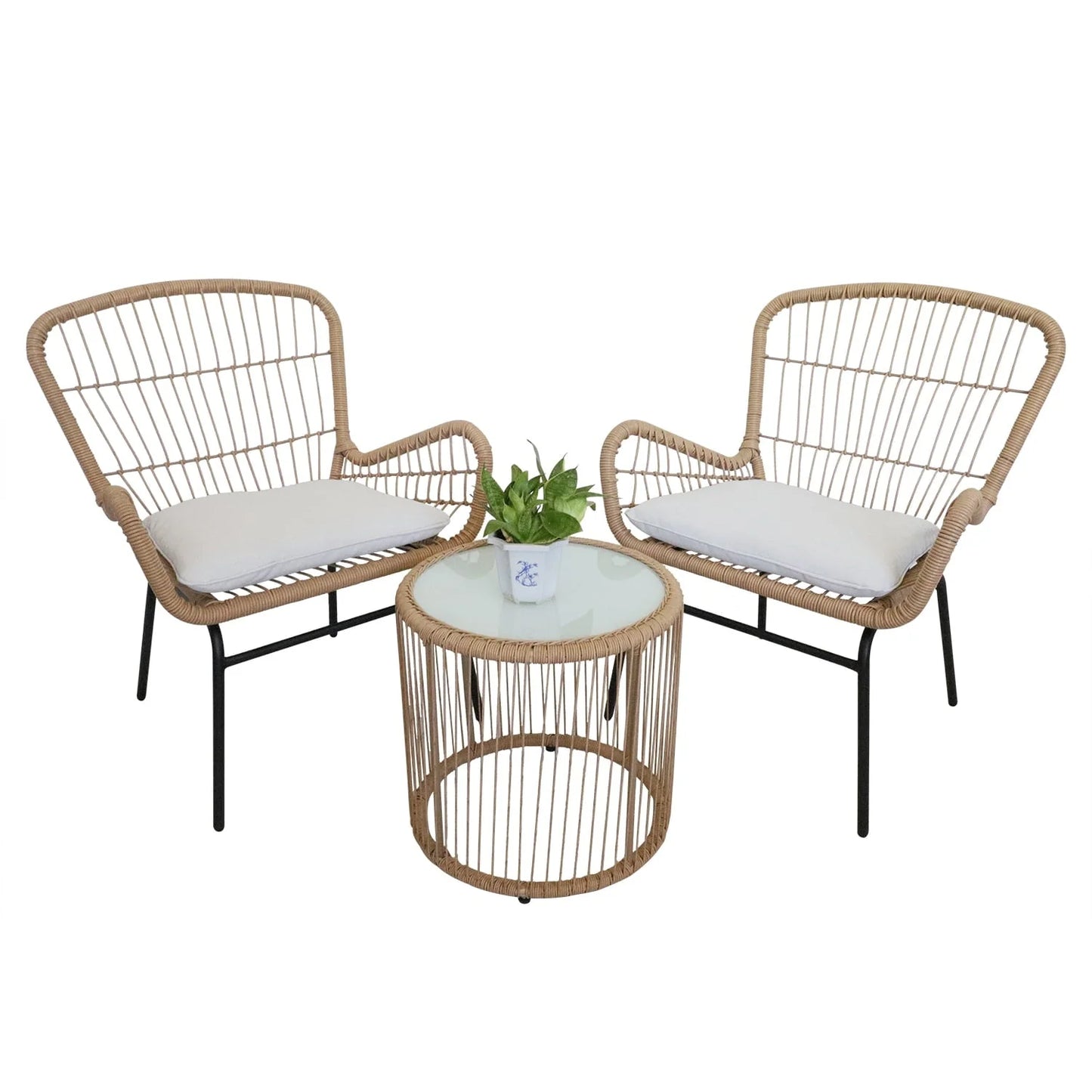 Outdoor Bistro Sets, 3 Piece Natural Color Wicker Chairs Set, Cushioned Patio Conversation Chairs Sets with 2 Armchairs and Tempered Glass Coffee Table, for Yard, Deck, Poolside, D7829