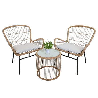 Outdoor Bistro Sets, 3 Piece Natural Color Wicker Chairs Set, Cushioned Patio Conversation Chairs Sets with 2 Armchairs and Tempered Glass Coffee Table, for Yard, Deck, Poolside, D7829