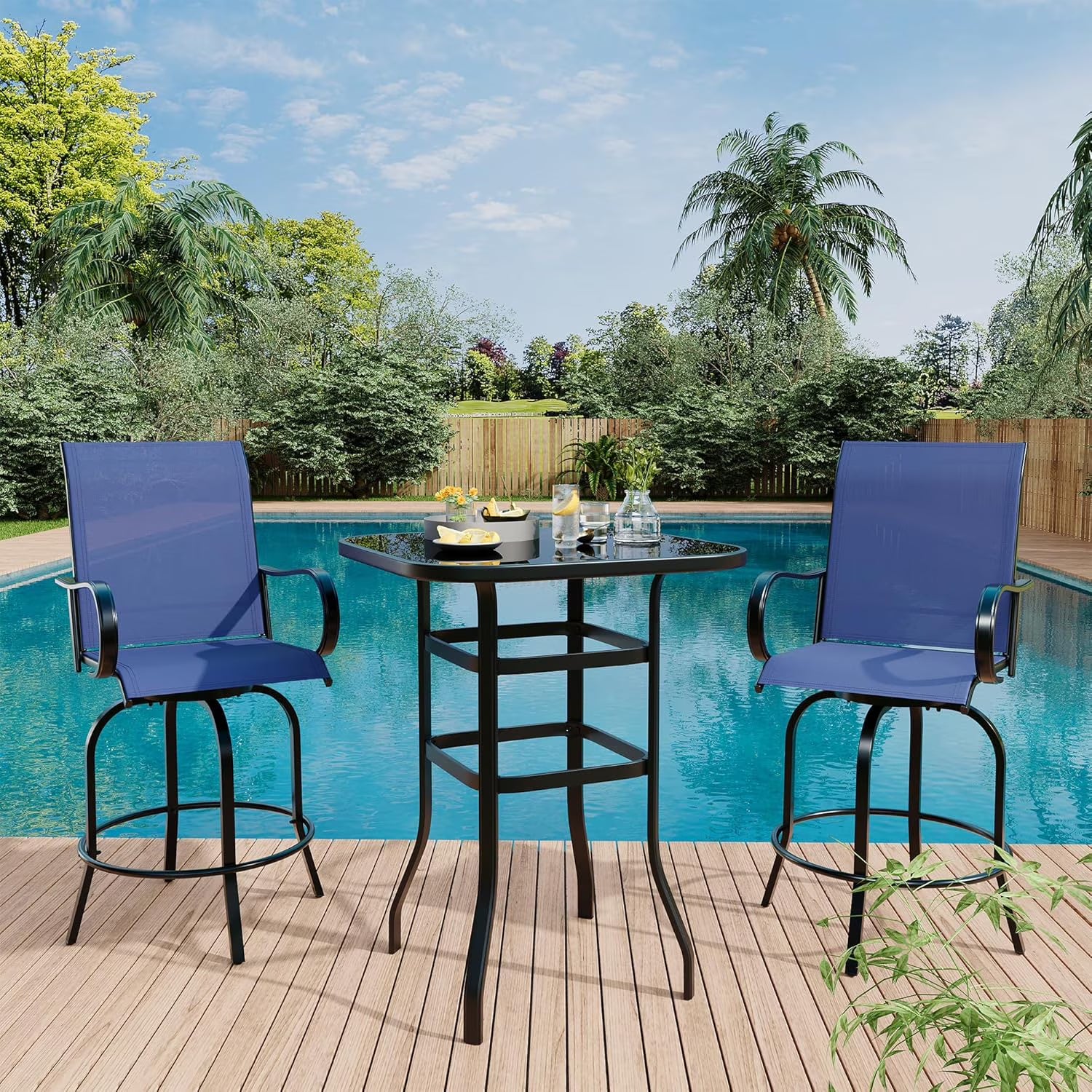 Garvee Outdoor Bar Table with Tempered Glass, Square High-Top Patio Bistro Table, Metal Frame Bar Height Table for Backyard, Poolside, Garden & Balcony