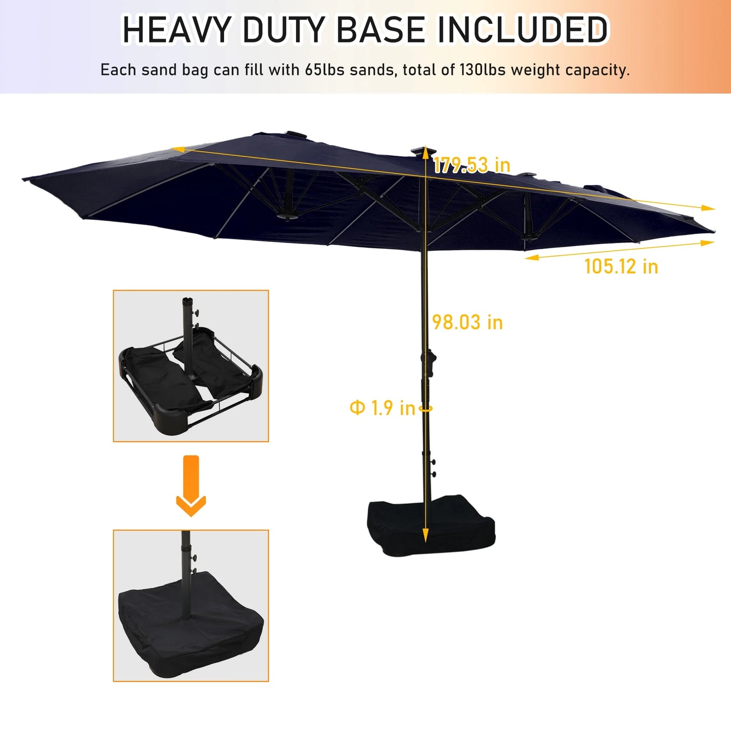 Mondawe 15ft Patio Umbrella, Large Double-Sided Solar LED Outdoor Umbrella with Fiberglass Ribs and Base for Deck Pool, Navy Blue