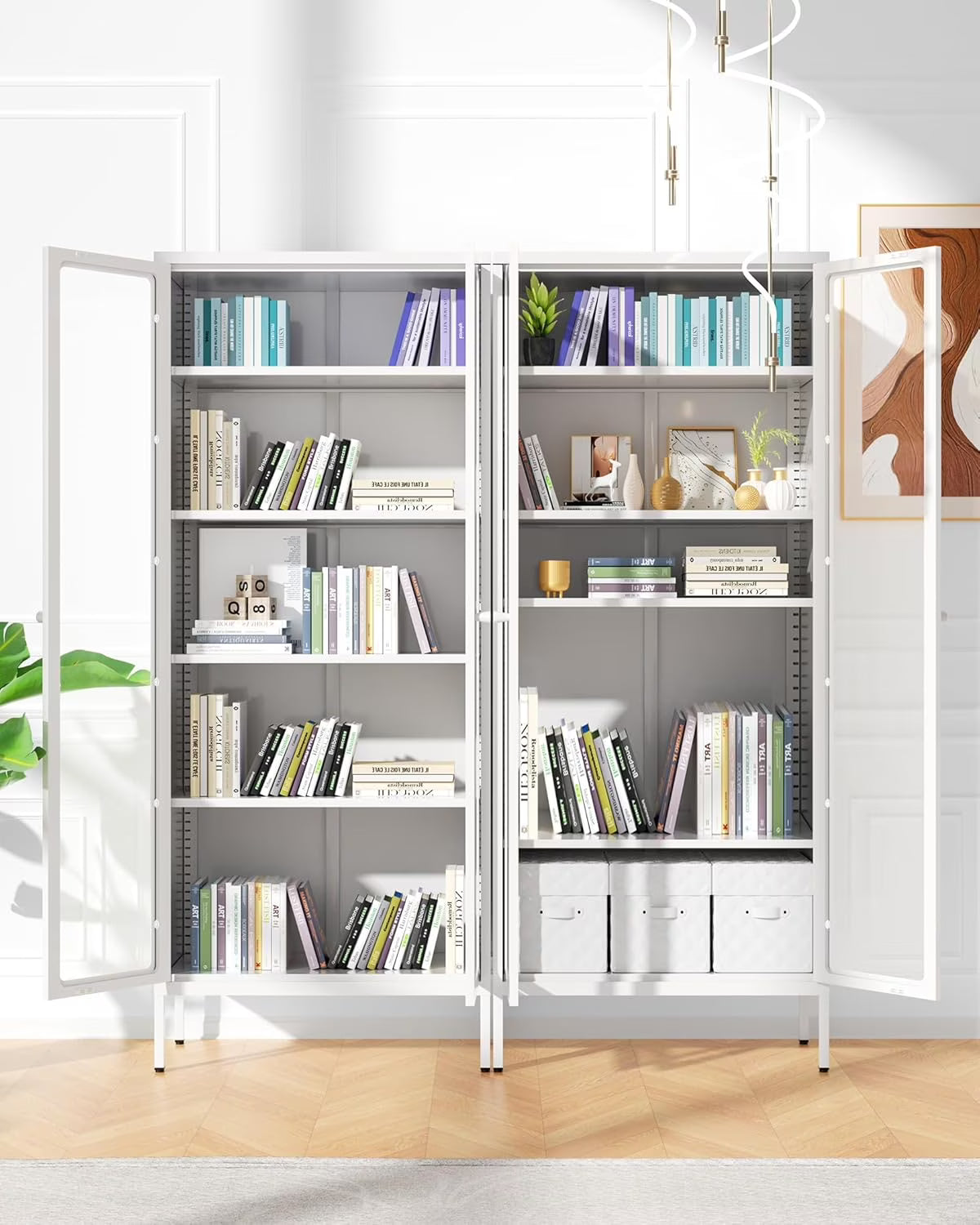SUNCROWN Metal Storage Cabinet, Curio Display Cabinet with 2 Glass Display Door and 4 Shelves, Side Storage Organize, Modern Bookshelf Cabinet for livingroom, Bedroom, Kitchen, Black