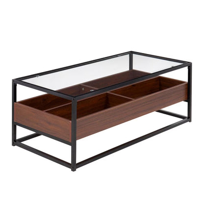 LumiSource Black Steel, Walnut Wood, Clear Glass Display Coffee Table