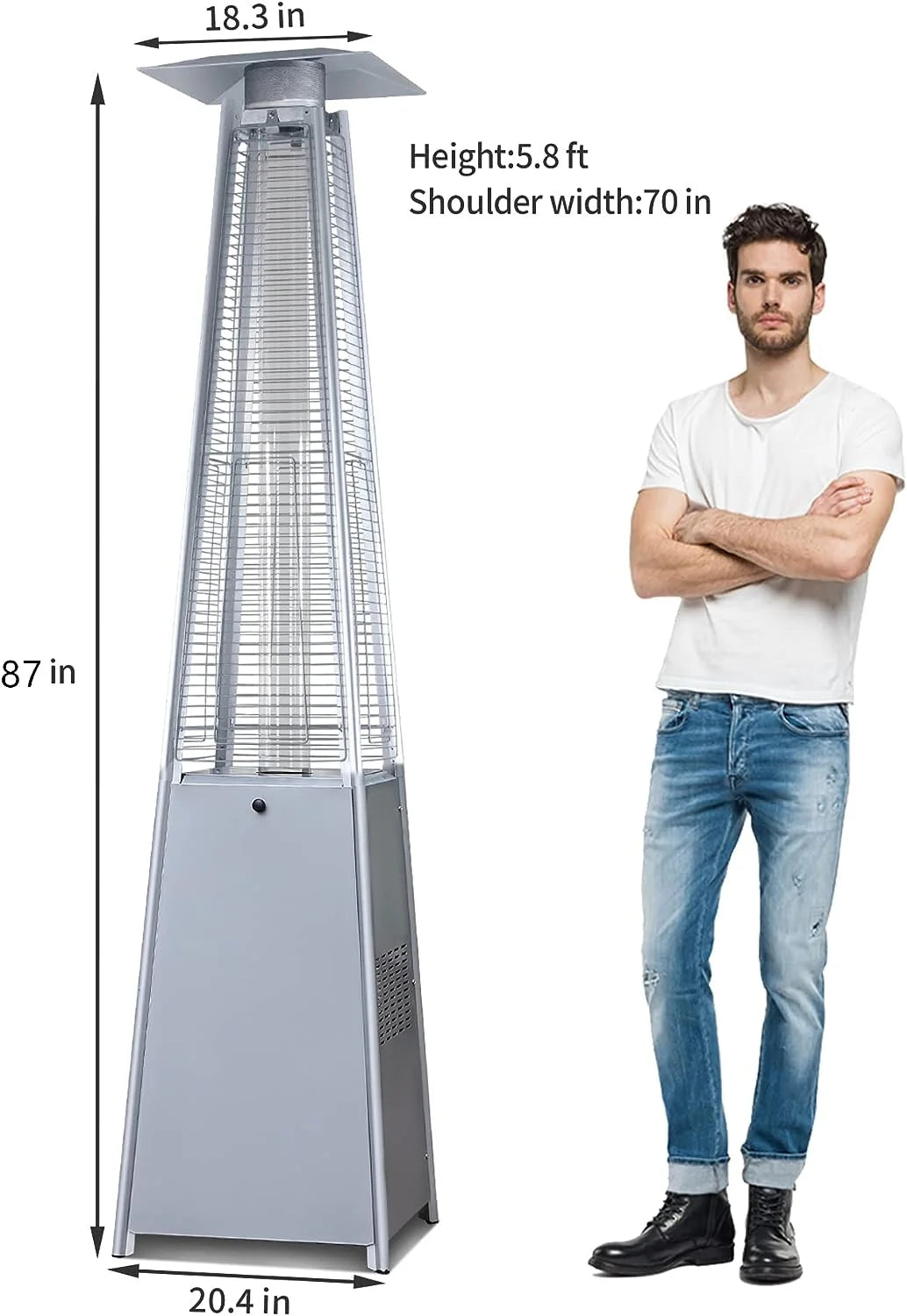 LAUSAINT HOME 87'' Tall Pyramid Patio Heater with Wheels, Glass Tube Flame Heating 48000 BTU & Dust Cover