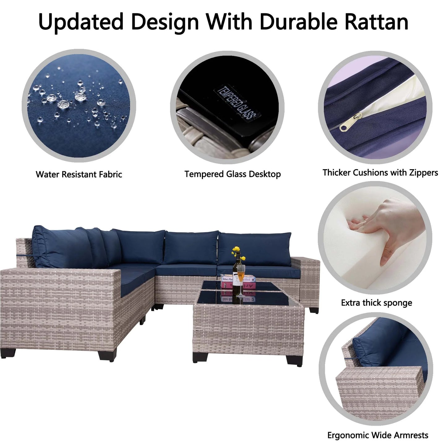 HISUKOY 7-Piece Wicker Modular All Weather Outdoor Conversation Sets with Washable Cushions and Glass Table