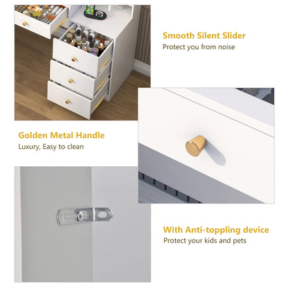 ChVans 62'' Large Vanity Desk with Tempered Glass Top, 60000-color LED Lights, Charging Station, White Makeup Vanity with 3 Lights Mode LED Mirror, 9 Drawers, 2 RGB cabinets for Women, Girls Gift