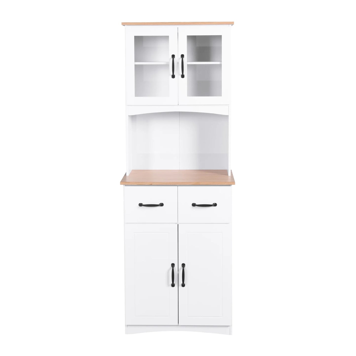 Clearance! Wooden Kitchen Cabinet White Pantry Room Storage Microwave Cabinet with Framed Glass Doors and Drawer