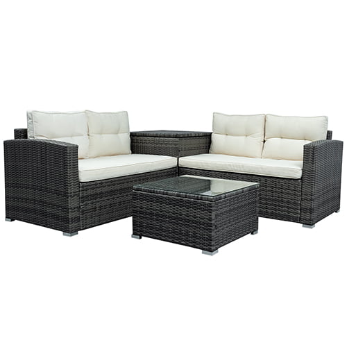 Rattan Patio Sofa Set, 4 Pieces Outdoor Sectional Furniture Set, All-Weather PE Rattan Wicker Patio Conversation Set, Cushioned Sofa Set with Glass Table & Pillows for Patio Garden Poolside Deck, B626