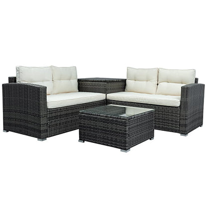 Rattan Patio Sofa Set, 4 Pieces Outdoor Sectional Furniture Set, All-Weather PE Rattan Wicker Patio Conversation Set, Cushioned Sofa Set with Glass Table & Pillows for Patio Garden Poolside Deck, B626