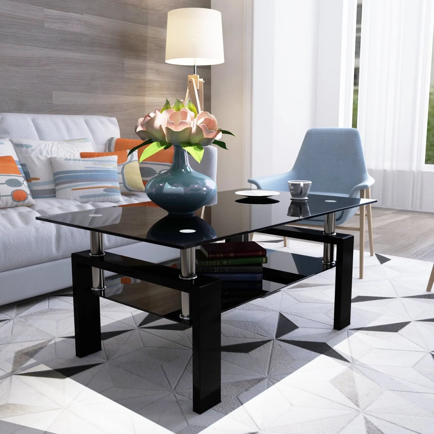 Tansole Coffee Table Glass Top Rectangular End Table Black Metal Legs for Modern Living Room