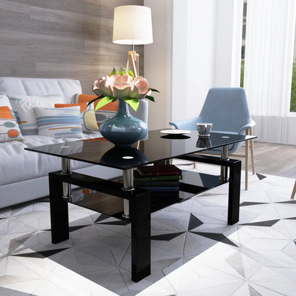 Tansole Coffee Table Glass Top Rectangular End Table Black Metal Legs for Modern Living Room