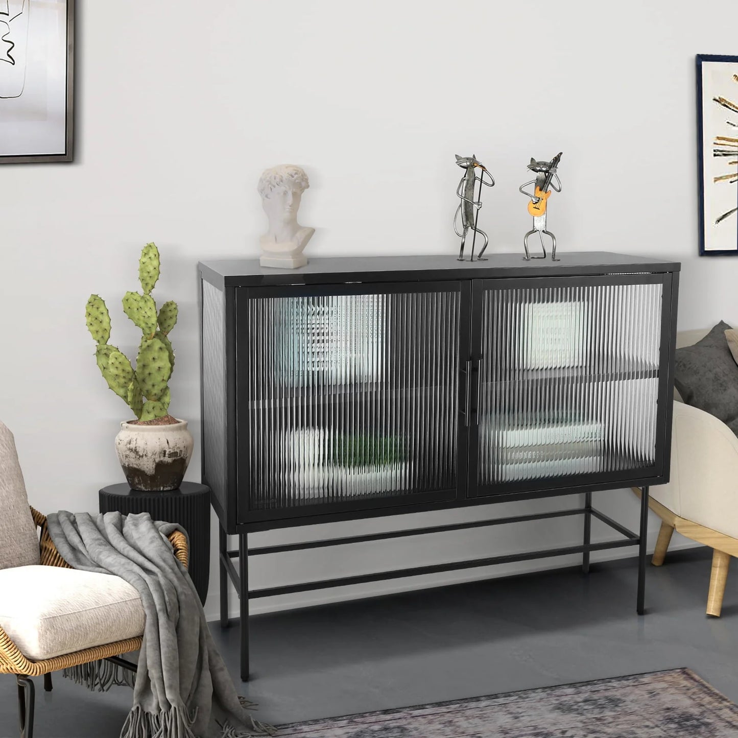CoSoTower Double Tampered Glass Door Storage Cabinet with Adjustable Shelf and Feet Cold-Rolled Steel Tempered Glass Sideboard Furniture for Living Room Kitchen Black Color