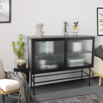 CoSoTower Double Tampered Glass Door Storage Cabinet with Adjustable Shelf and Feet Cold-Rolled Steel Tempered Glass Sideboard Furniture for Living Room Kitchen Black Color