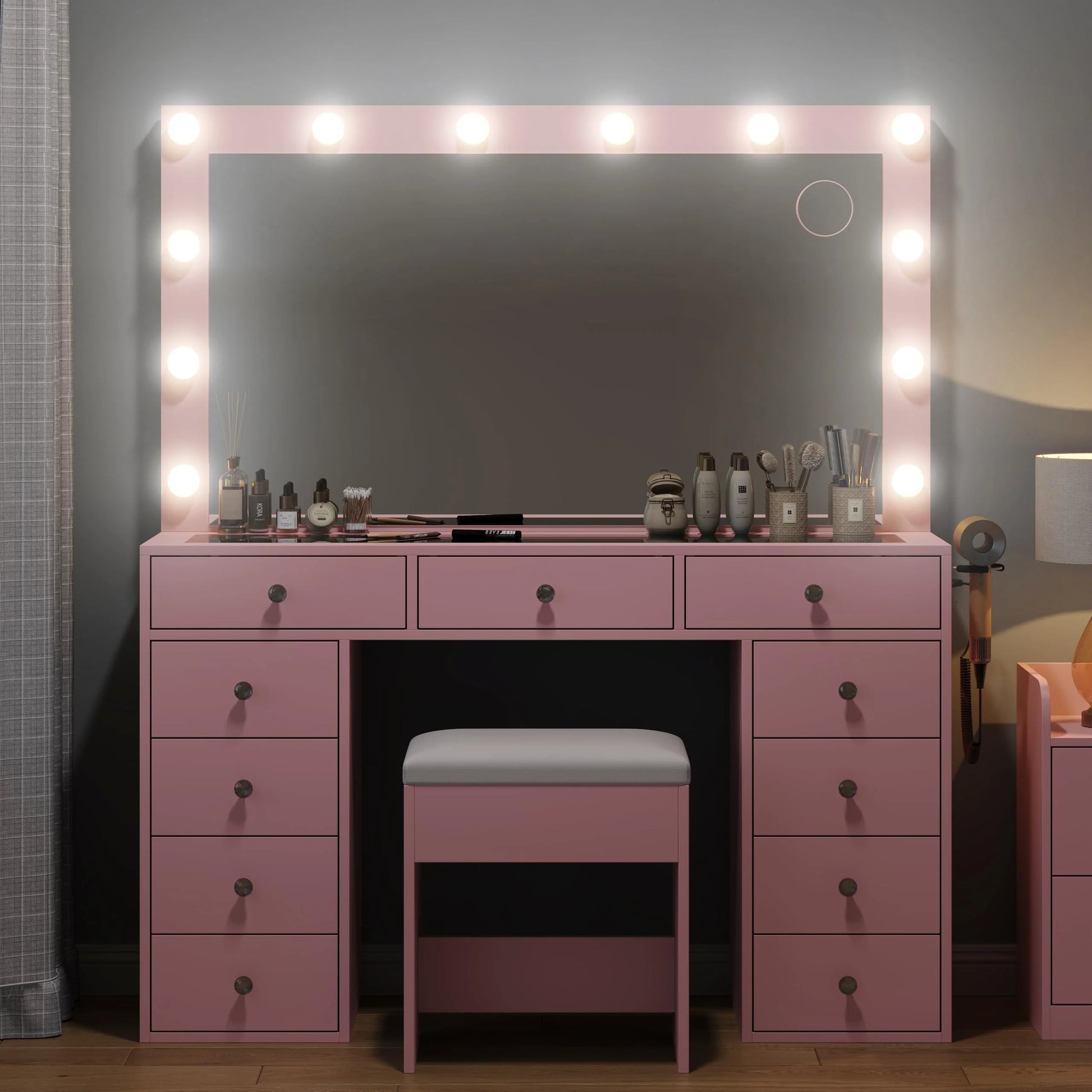 White Vanity Desk with Illuminated Mirror & Power Outlet, 11 Drawers Vanity Table with Chair, Makeup Vanity with 12 LED Lights, Tempered Glass Top, Dressing Table for Bedroom,Dressing Room