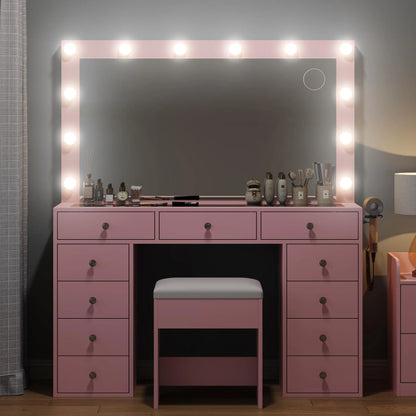 White Vanity Desk with Illuminated Mirror & Power Outlet, 11 Drawers Vanity Table with Chair, Makeup Vanity with 12 LED Lights, Tempered Glass Top, Dressing Table for Bedroom,Dressing Room