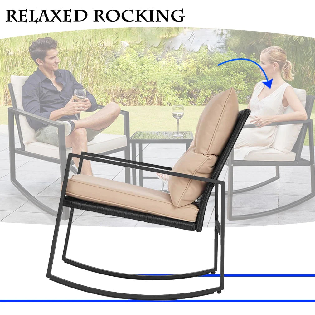 FDW 3 Pieces Wicker Outdoor Set with a High-Quality Tempered Glass Coffee Table, Black, steel, 2