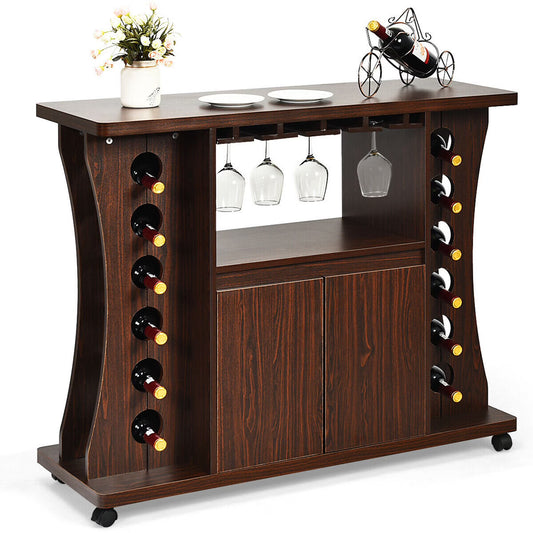 Gymax Rolling Buffet Sideboard Wooden Bar Storage Cabinet w/Wine Rack & Glass Holder