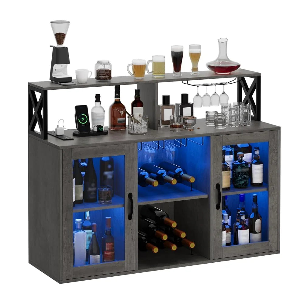 Kselythan Bar Cabinet for Home, Wine Cabinet with Power Outlets, Led Lights and and Glass Holder, Liquor Cabinet with Storage, Racks for Home, Kitchen