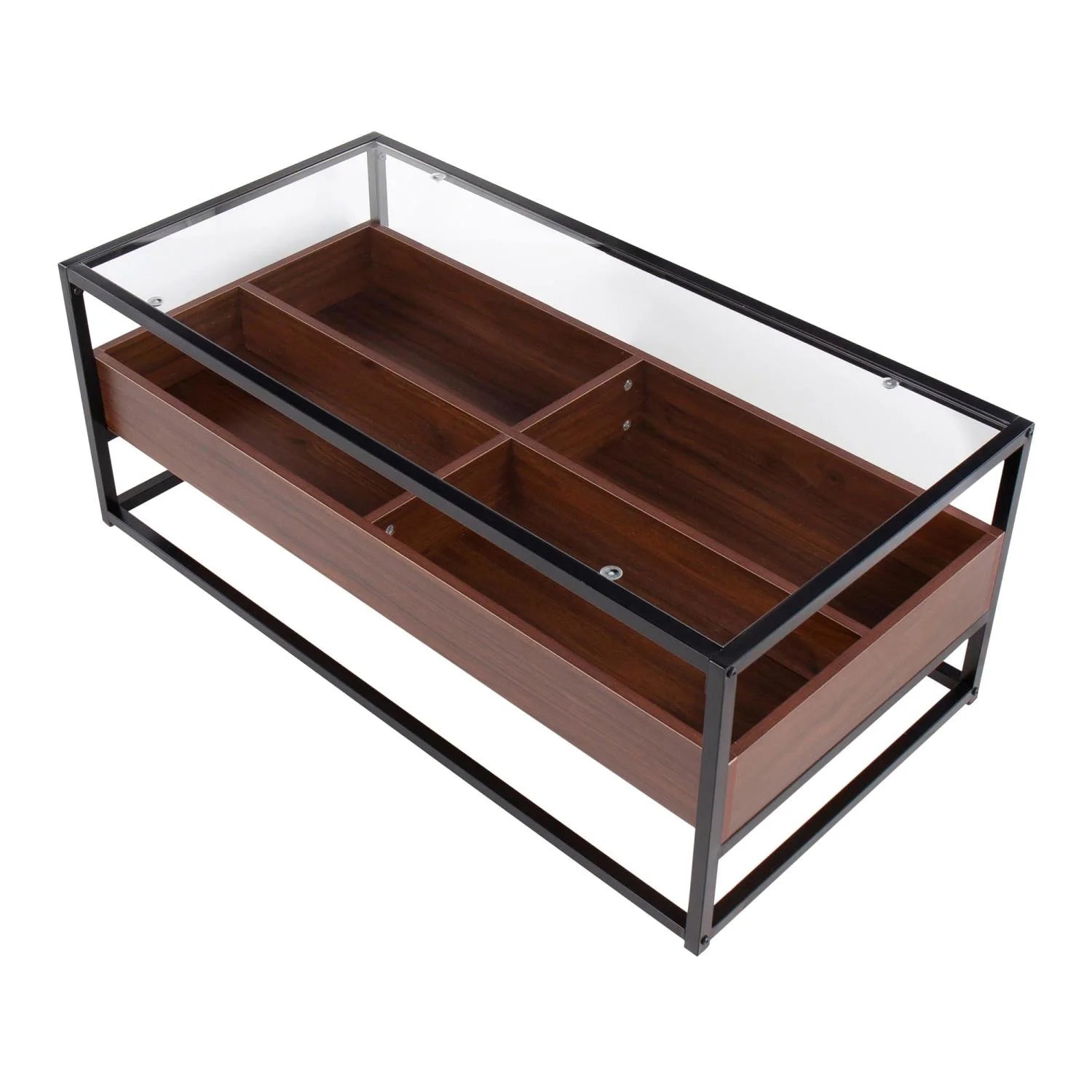 LumiSource Black Steel, Walnut Wood, Clear Glass Display Coffee Table
