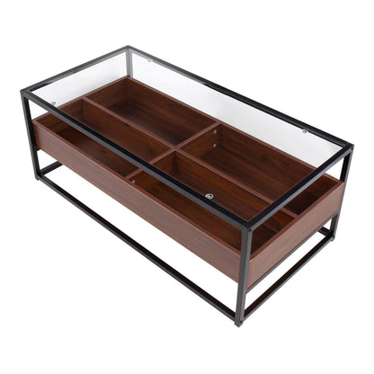 LumiSource Black Steel, Walnut Wood, Clear Glass Display Coffee Table