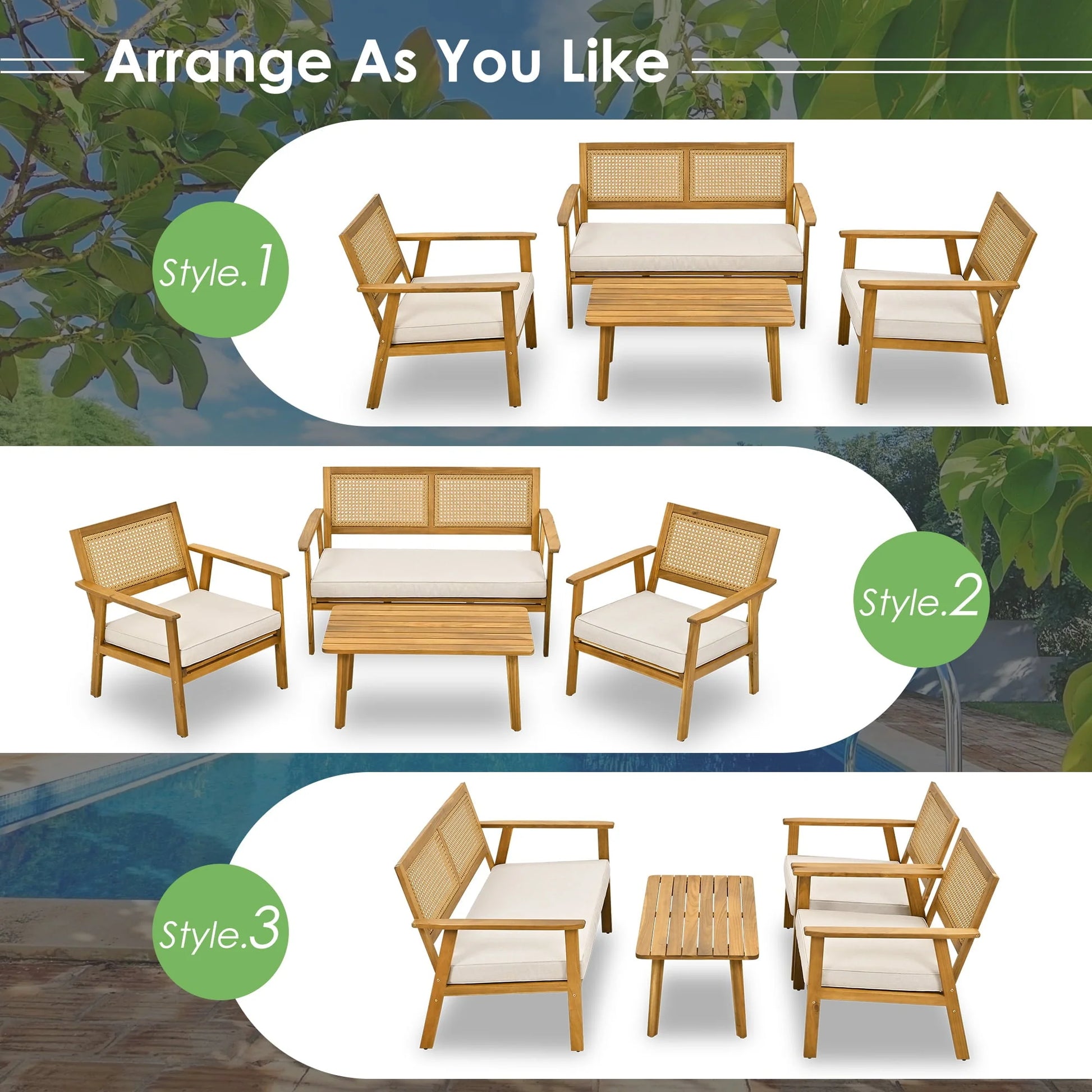 4 Piece Outdoor Patio Furniture Sets All Weather Outdoor Sofa PE Garden Furniture Wicker Rattan Patio Conversation Set with Glass Table & Beige Cushions