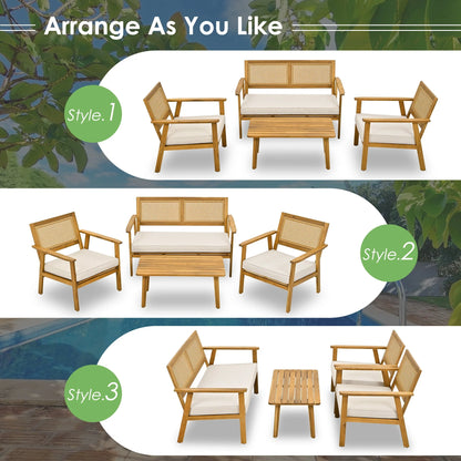 4 Piece Outdoor Patio Furniture Sets All Weather Outdoor Sofa PE Garden Furniture Wicker Rattan Patio Conversation Set with Glass Table & Beige Cushions