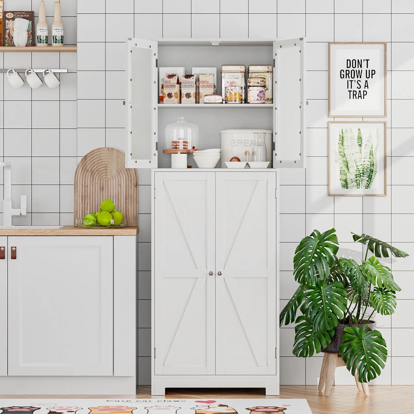 Homfa 67" Tall White Bathroom Storage Cabinet with Glass Doors, Farmhouse Freestanding Cupboard Storage Cabinet for Small Space