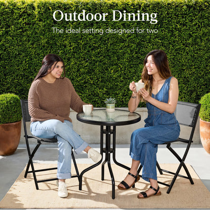 Best Choice Products 3-Piece Patio Bistro Dining Furniture Set w/Glass Tabletop, Folding Chairs - Gray