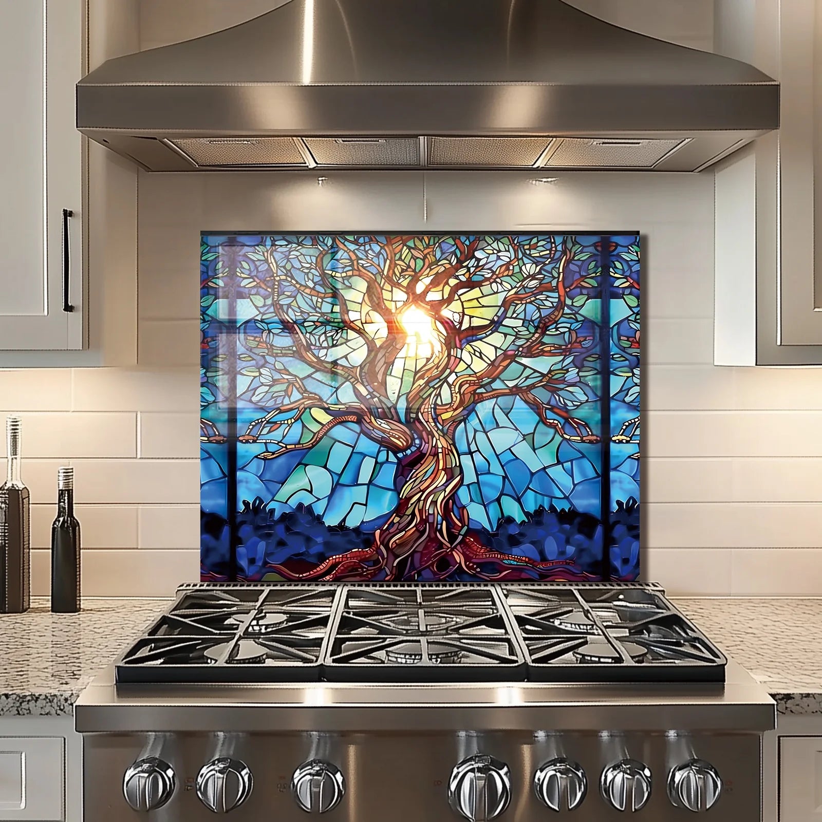 Mosaic Tree of Life Tempered Glass Backsplash For Kitchen Behind Stove,Stove Back Top Cover,Easy to Clean Glass Splashback, Sink Cover Splash Guard,Home Kitchen Wall Decor