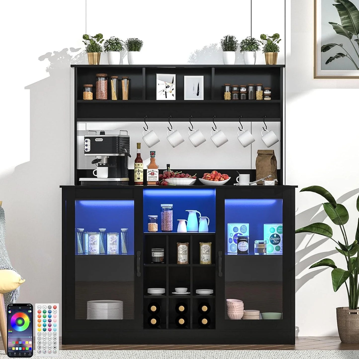 Bar Cabinet with LED Lights, Home Coffee Cabinet with Wine and Glass Rack, Buffet Sideboard with Storage Shelf for Kitchen, Modern Liquor Cabinet for Home, Black