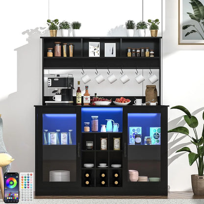 Bar Cabinet with LED Lights, Home Coffee Cabinet with Wine and Glass Rack, Buffet Sideboard with Storage Shelf for Kitchen, Modern Liquor Cabinet for Home, Black