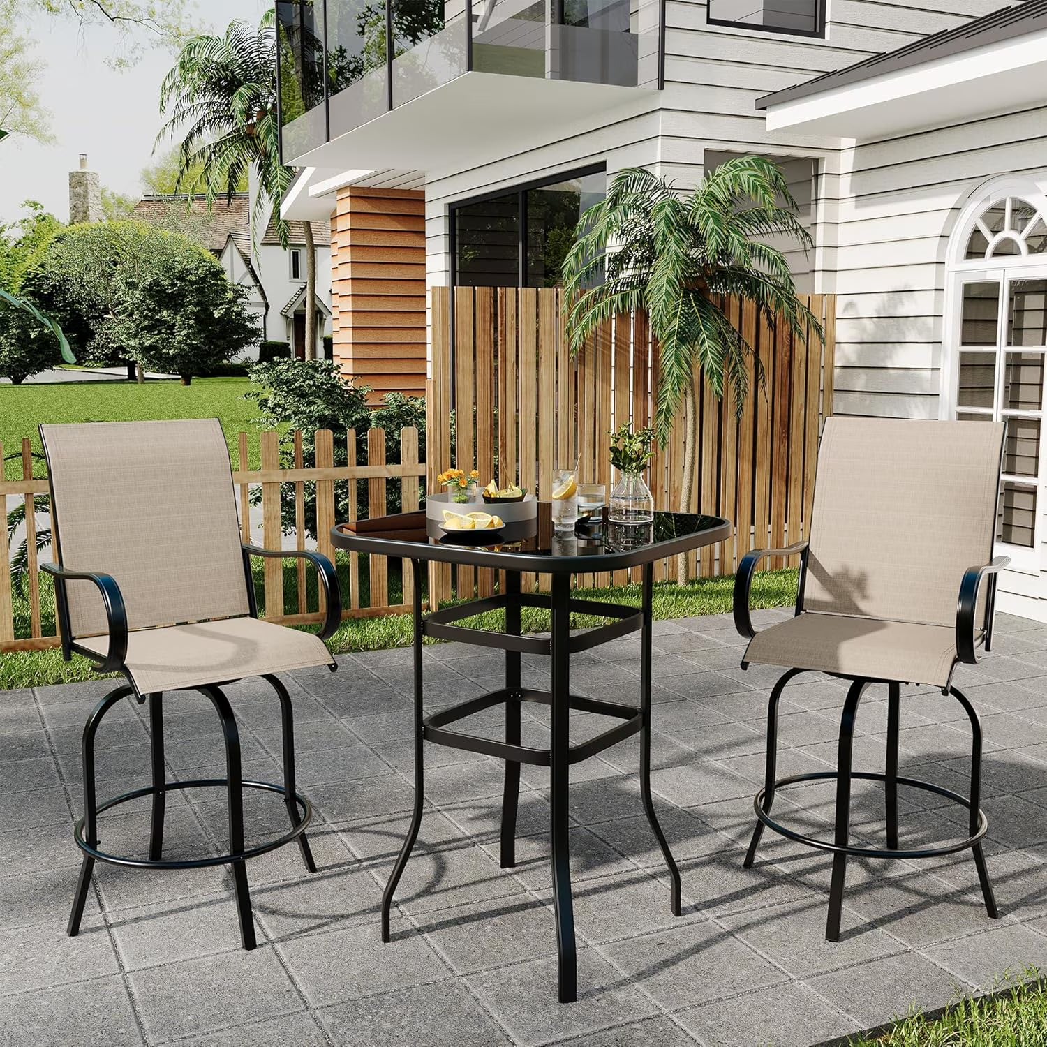 Garvee Outdoor Bar Table with Tempered Glass, Square High-Top Patio Bistro Table, Metal Frame Bar Height Table for Backyard, Poolside, Garden & Balcony