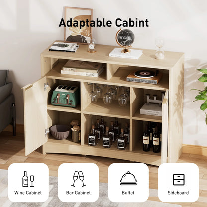 CHITOOMA Fluted Coffee Bar Cabinet with Wine Glass Rack, Modern Buffet Sideboard with Adjustable Storage Shelves and Doors, Liquor Bar Table for Dining Room or Living Room, Natural