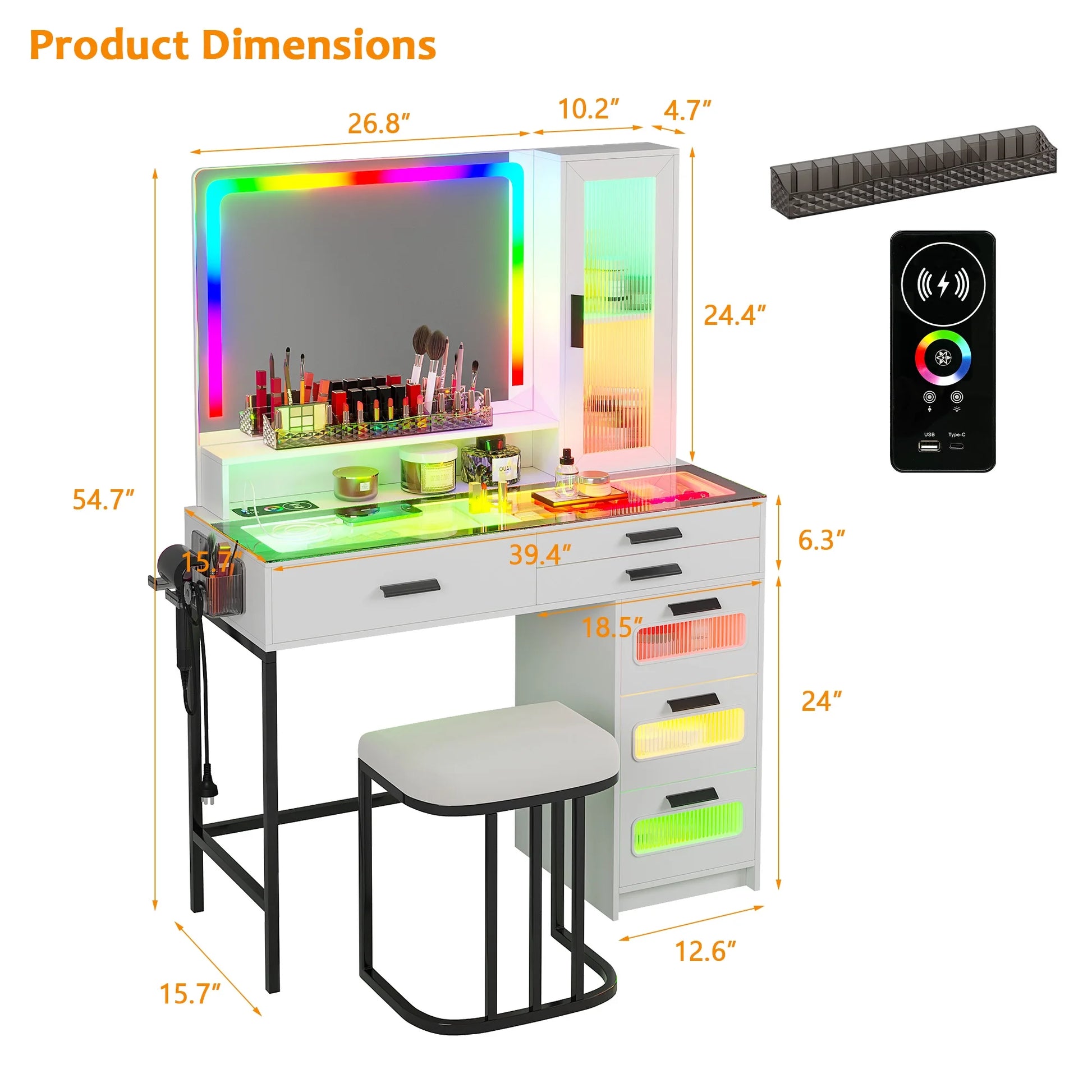 HNEBC Vanity Desk with Mirror and RGB Lights, Glass Top Makeup Vanity with Auto Sensor Lights and Wireless Charging, Vanity Table Set with Cushion Stool, Dressing Table with 6 Drawers (White)