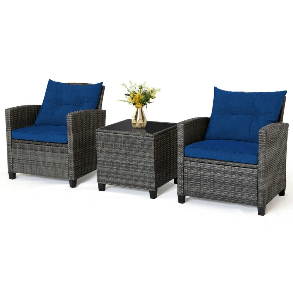 Kadyn Outdoor Seating Sets,Garden Conversation Sets,3 Pieces Outdoor Wicker Conversation Set with Tempered Glass Tabletop-Navy