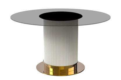 LeisureMod Jexis 60" Mid-Century Modern Round Dining Table with Glass/Sintered Stone Top and White/Gold Stainless Steel Pedestal Base for Kitchen and Dining Room (Black)