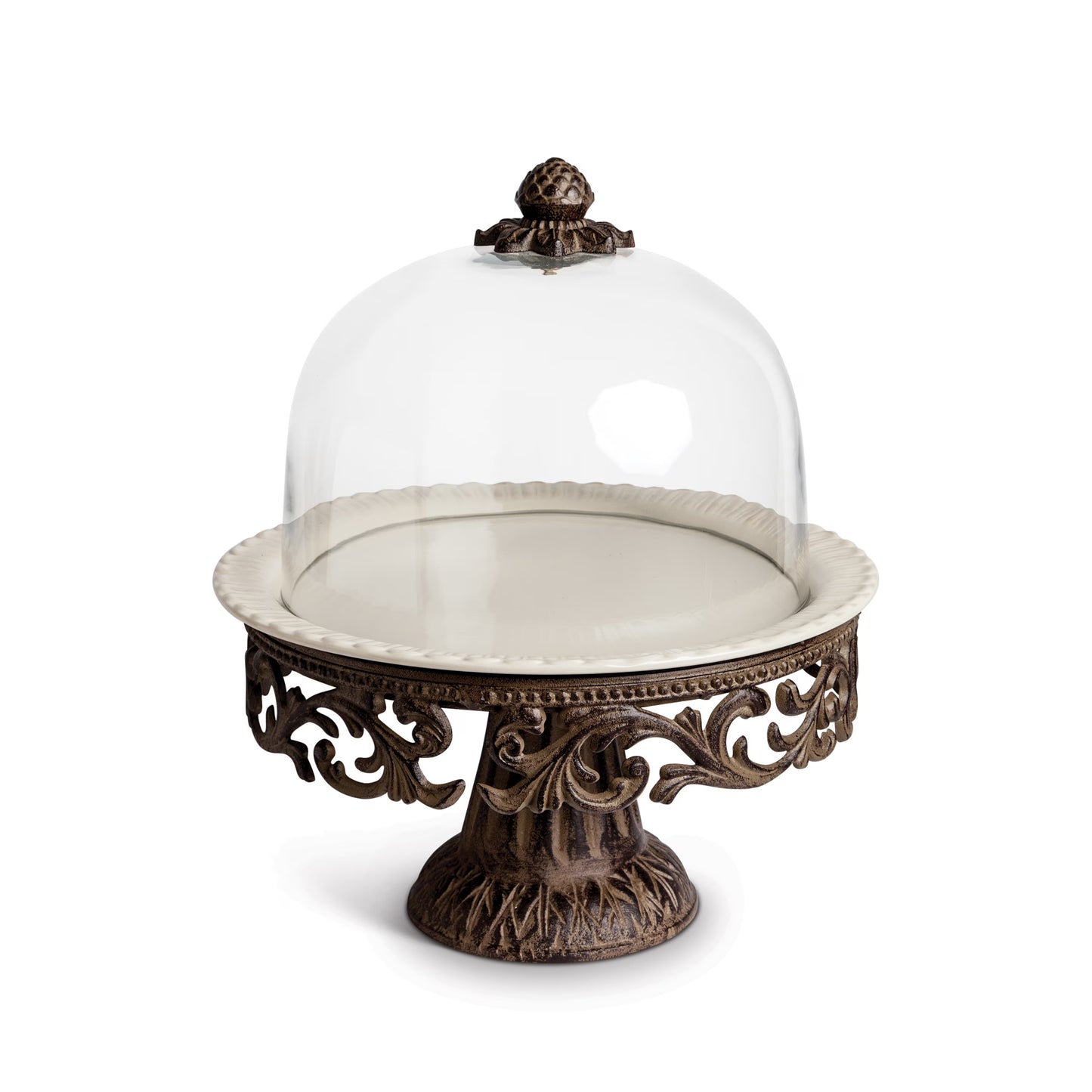 Gerson Glass Domed Cake Pedestal With Acanthus Leaf Ornate Brown Metal Base and Cream Ceramic Plate