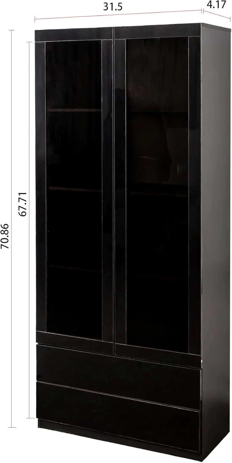 Modern Led Display Cabinet with Glass Doors, Bookcase with Doors, Curio Display Cabinet with 4 Shelves for Living Room, Home Office, Bedroom, Playroom, Black