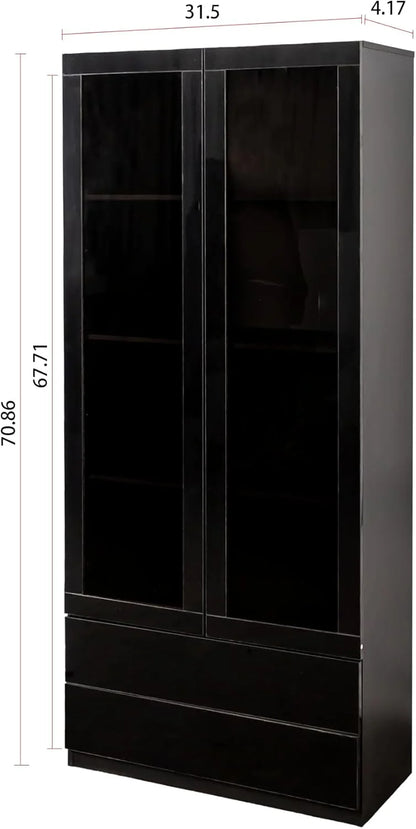 Modern Led Display Cabinet with Glass Doors, Bookcase with Doors, Curio Display Cabinet with 4 Shelves for Living Room, Home Office, Bedroom, Playroom, Black