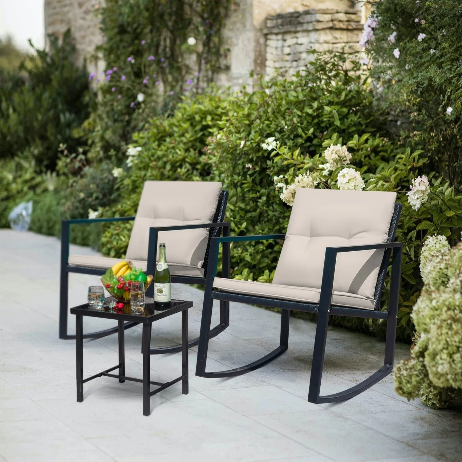 Devoko 3 Pieces Patio Furniture Sets Outdoor PE Rattan Bistro Rocker Conversation Sets with Glass Coffee Table, Beige