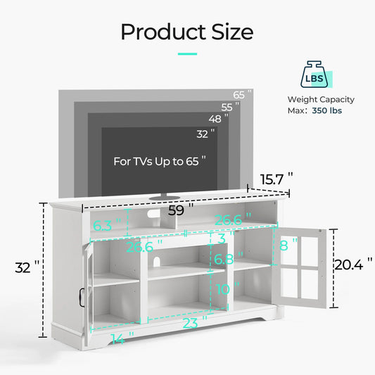 LINSY HOME Modern Glass TV Stand for TVs up to 65", LED Lights Home Entertainment Center with 2 Storage Cabinets and Adjustable Shelves, White