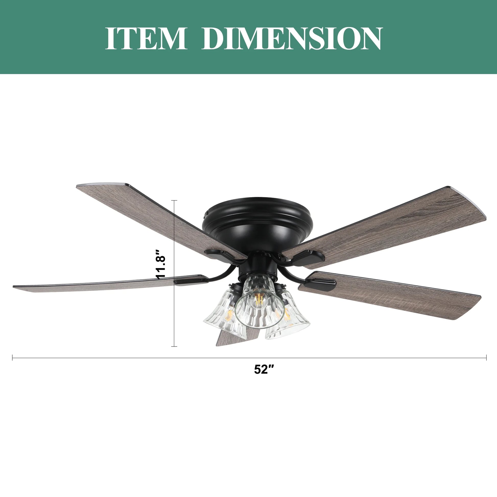 Cusp Barn 52 Inch Traditional Indoor Ceiling Fan with Remote Control, Vintage Clear Glass Shade Chandelier, Low Profile Flush Mount Reversible Ceiling Fan for Bedroom