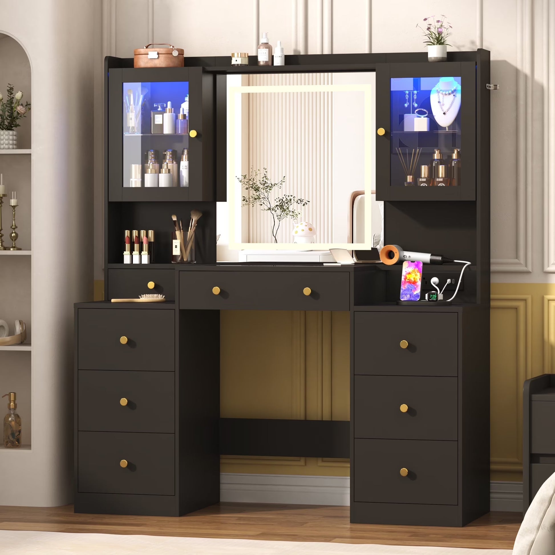 ChVans 62'' Large Vanity Desk with Tempered Glass Top, 60000-color LED Lights, Charging Station, White Makeup Vanity with 3 Lights Mode LED Mirror, 9 Drawers, 2 RGB cabinets for Women, Girls Gift