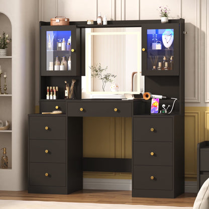 ChVans 62'' Large Vanity Desk with Tempered Glass Top, 60000-color LED Lights, Charging Station, White Makeup Vanity with 3 Lights Mode LED Mirror, 9 Drawers, 2 RGB cabinets for Women, Girls Gift