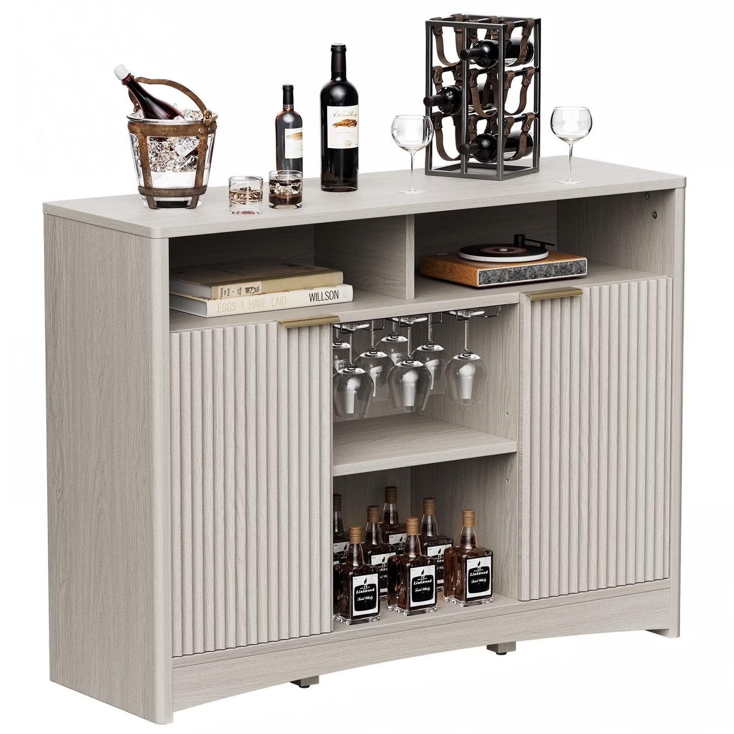 CHITOOMA Fluted Coffee Bar Cabinet with Wine Glass Rack, Modern Buffet Sideboard with Adjustable Storage Shelves and Doors, Liquor Bar Table for Dining Room or Living Room, Natural