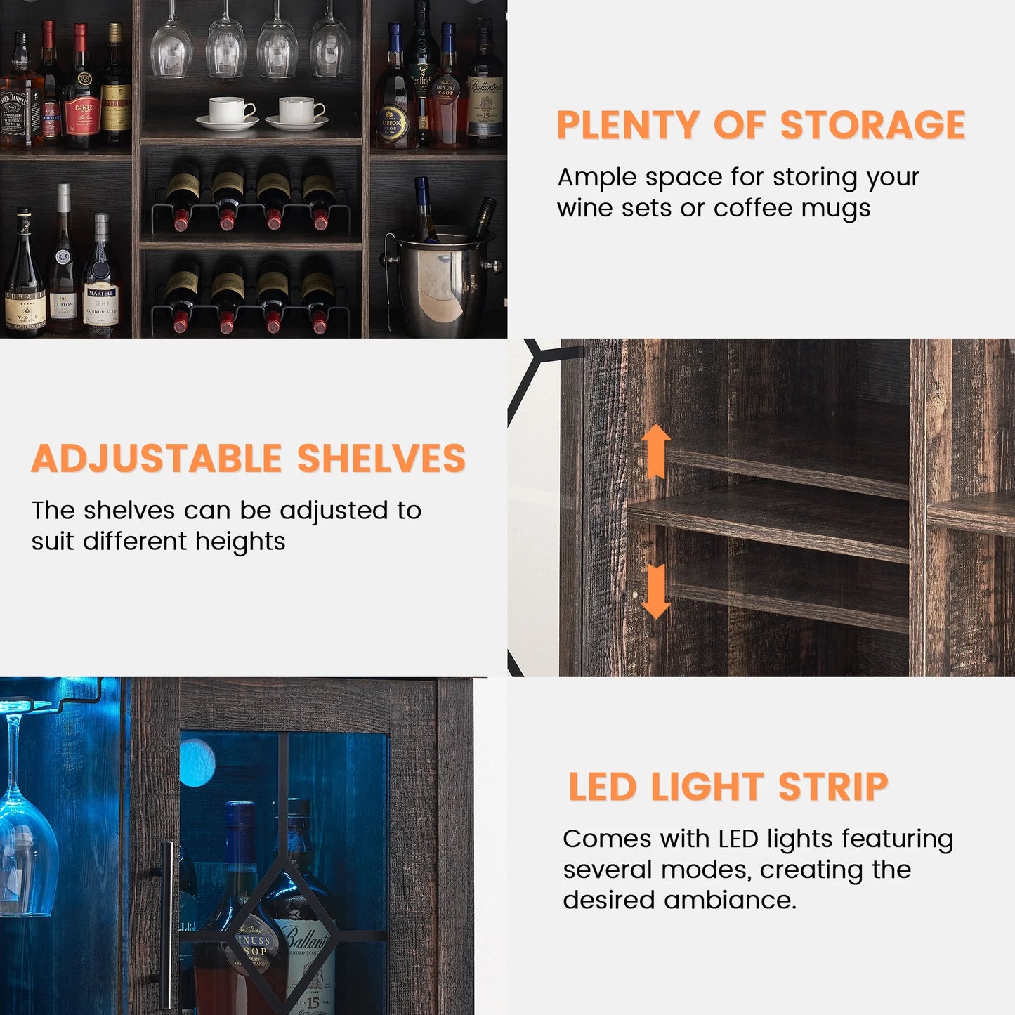 Garvee Farmhouse Wine Bar Cabinet with LED Lights, Coffee Bar Cabinet with Wine and Glasses Rack, Buffet Sideboard with Storage, Liquor Cabinet for Bar, Kitchen, Dining Room, Dark Oak