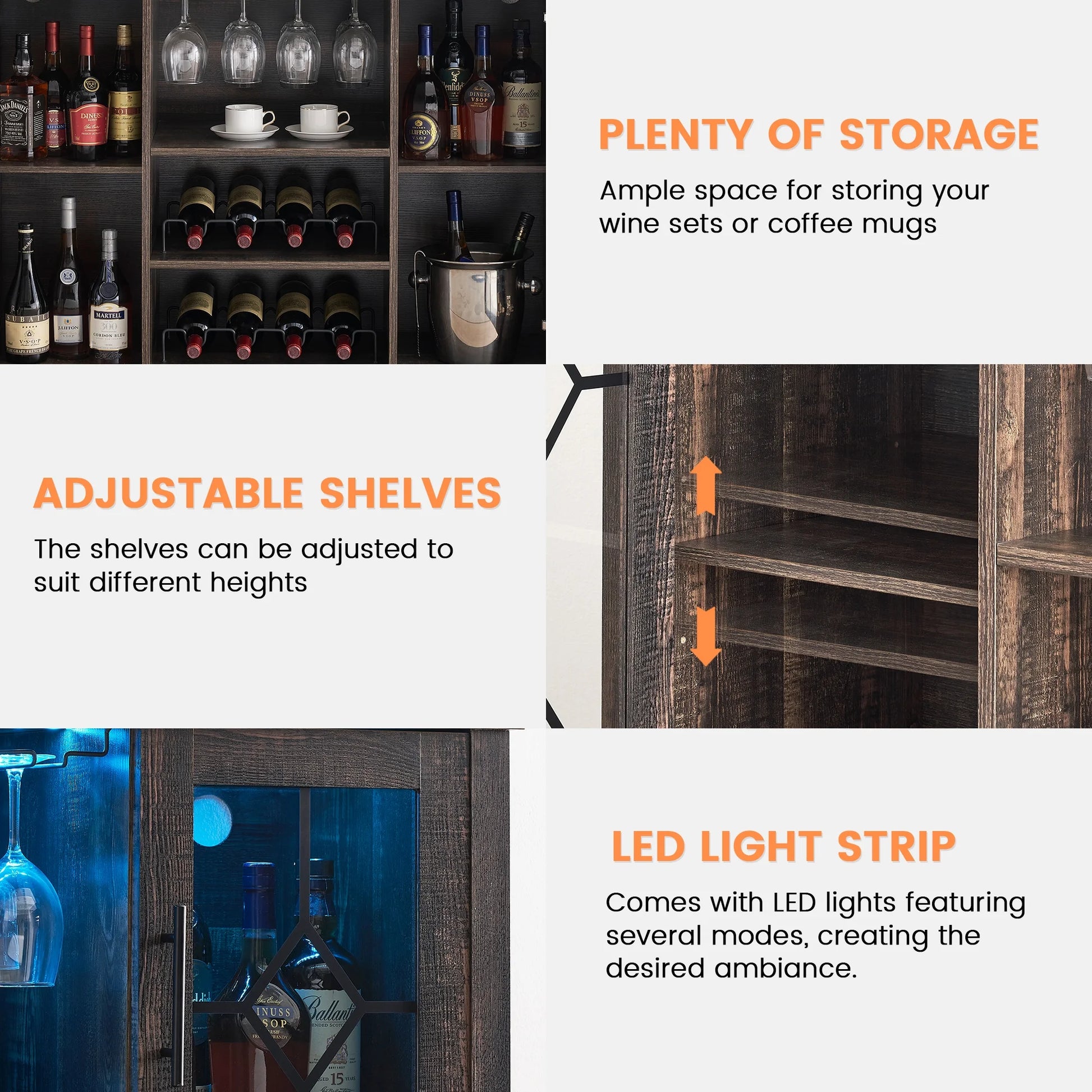 Garvee Farmhouse Wine Bar Cabinet with LED Lights, Coffee Bar Cabinet with Wine and Glasses Rack, Buffet Sideboard with Storage, Liquor Cabinet for Bar, Kitchen, Dining Room, Dark Oak