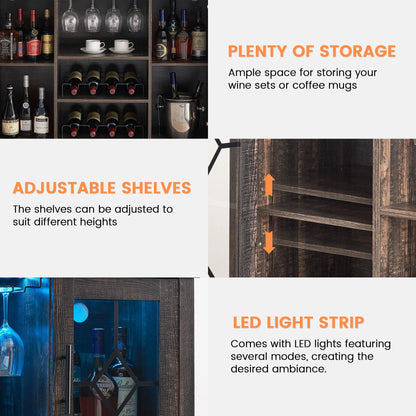 Garvee Farmhouse Wine Bar Cabinet with LED Lights, Coffee Bar Cabinet with Wine and Glasses Rack, Buffet Sideboard with Storage, Liquor Cabinet for Bar, Kitchen, Dining Room, Dark Oak